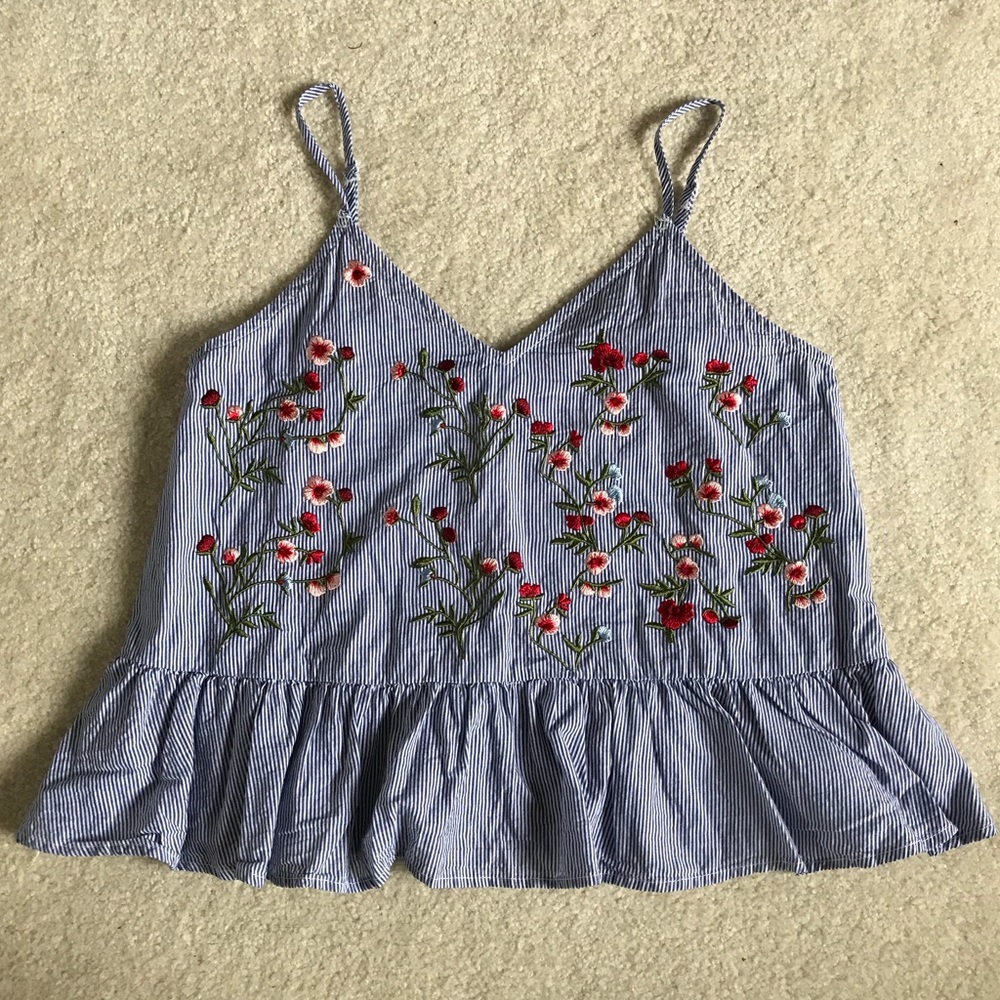 Blue striped embroidered tank